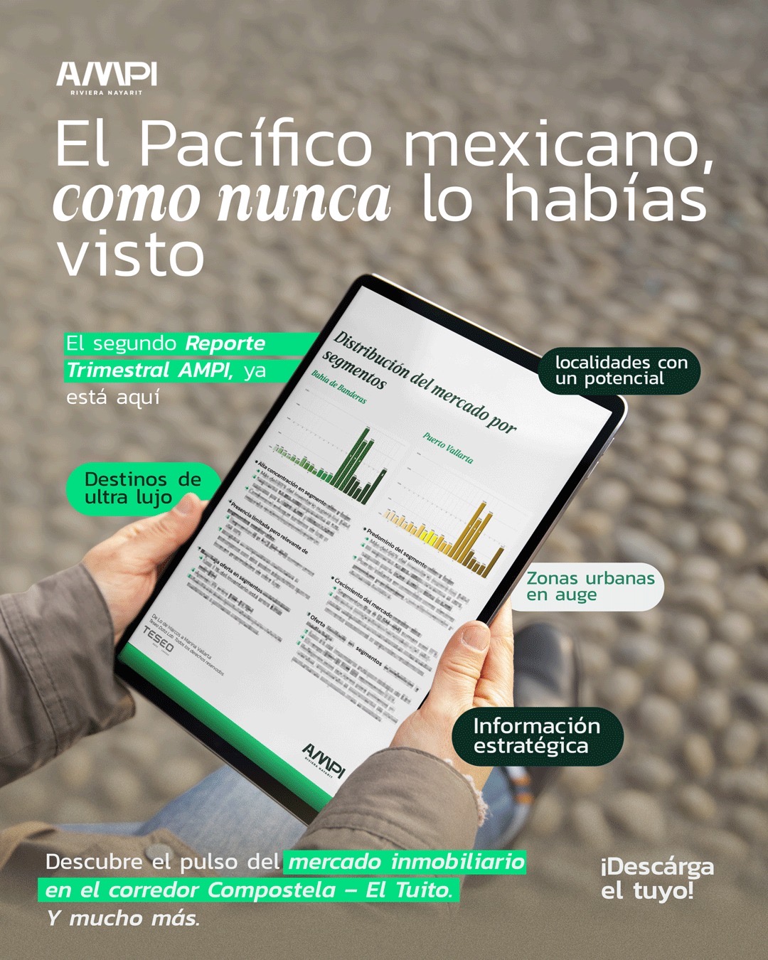 Publicidad digital de la AMPI Riviera Nayarit mostrando a una persona sosteniendo una tablet con un reporte inmobiliario. Incluye frases promocionales como “El Pacífico mexicano, como nunca lo habías visto” y resalta aspectos como destinos de lujo, zonas urbanas en auge e información estratégica.